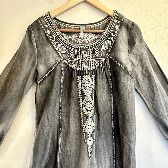 Monoreno Womens Medium Black Chambray Denim‎ Embroidered Lagenlook Dress - Picture 4 of 16